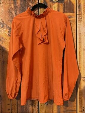 Kash Burnt Orange Ruffle Neck Blouse Vintage Style Back Zip Size 5